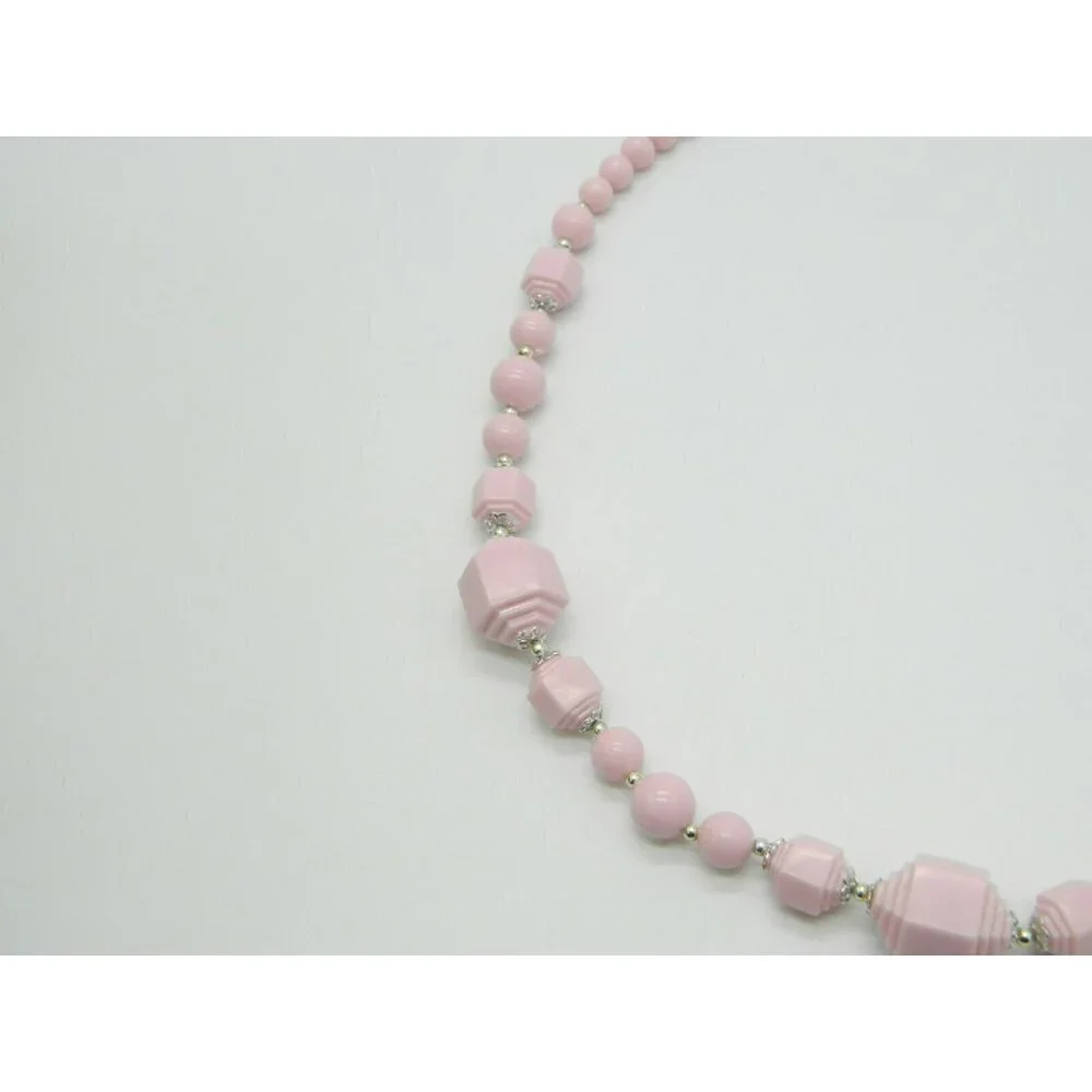 Pink Geometric Acrylic Bead Beaded Silver Tone Vintage Necklace